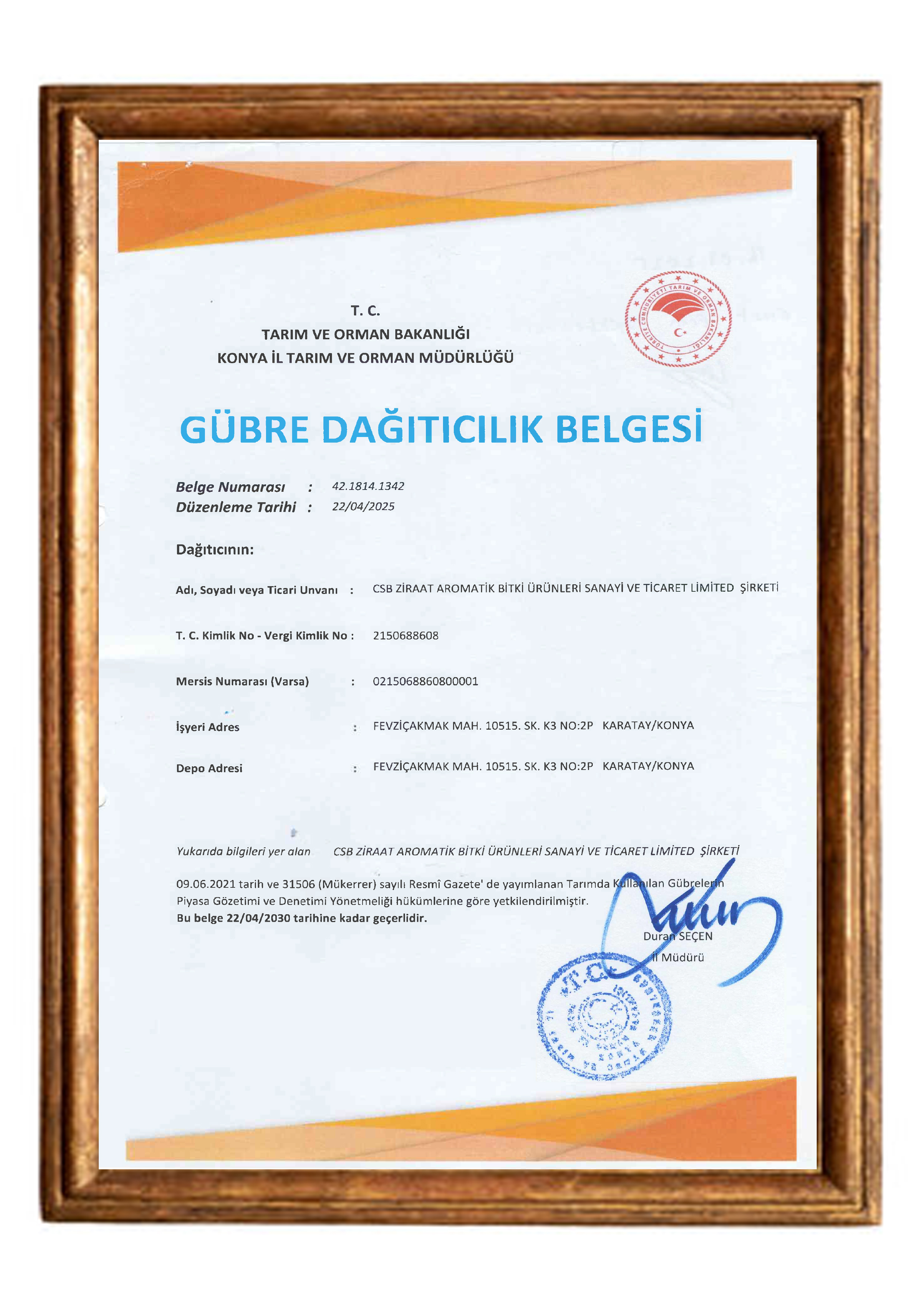 Gübre Dağıtıcılık Belgesi