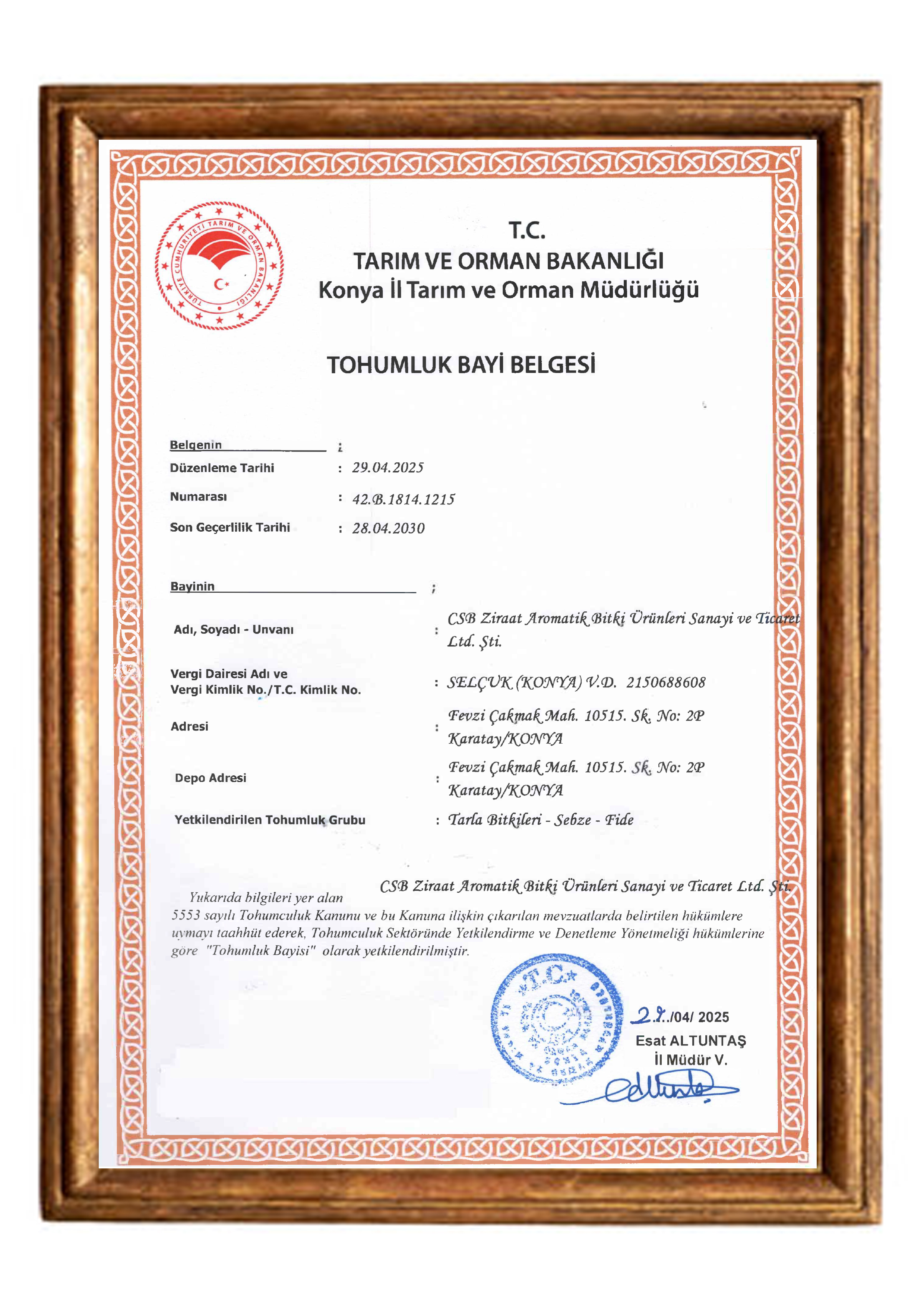 Tohumluk Bayi Belgesi